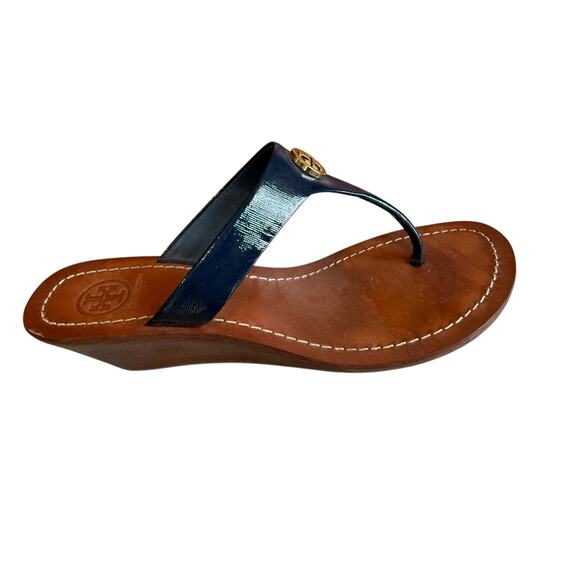 Tory Burch Cameron Wege Thong Sandals Navy Blue 7 - Picture 3 of 9